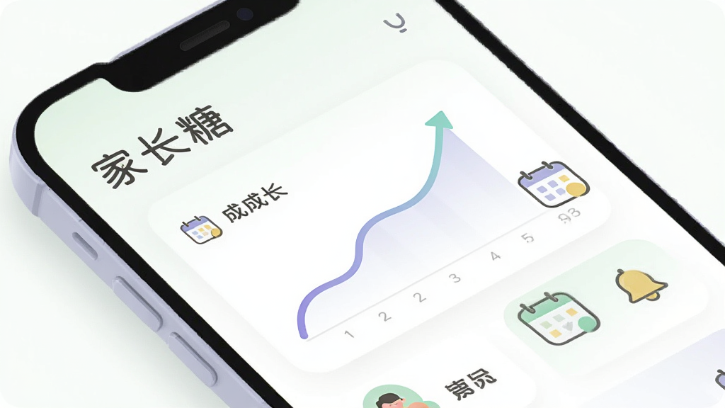 一幅AI生成的插图,画面展示家长糖APP中的成长记录界面,手机屏幕上有“家长糖”名称和一条上升的成长曲线图,旁边有日历图标和铃铛提醒图标,布局采用对角线构图,风格为柔和清新的扁平化设计,细节包括淡绿色和浅紫色的配色、圆角矩形卡片、简洁的图标线条,画质清晰,背景干净,无多余元素