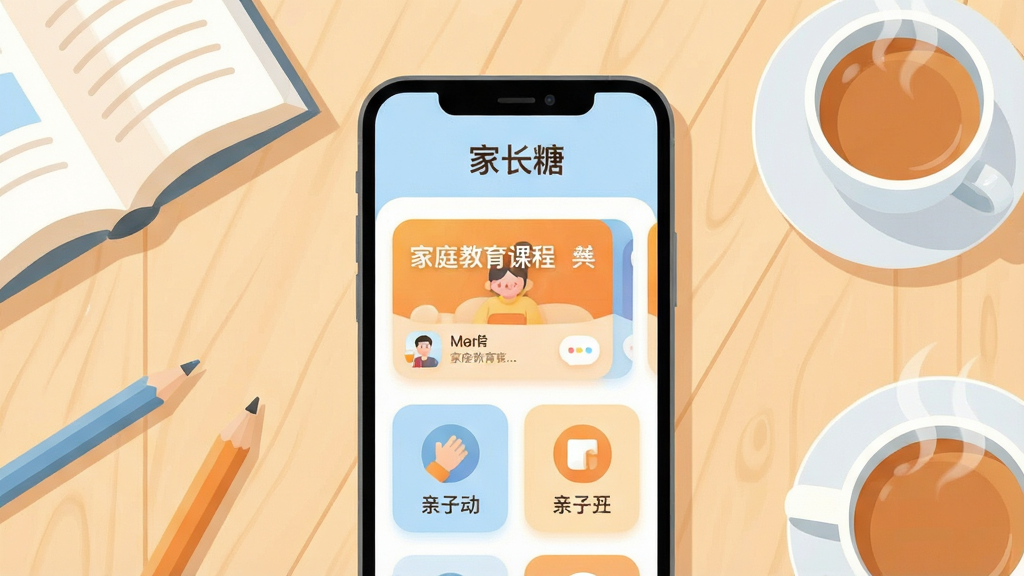 一张展示家长糖手机应用界面的横版预览图,画面中央是一部智能手机,屏幕显示家长糖APP首页,首页顶部有“家长糖”应用名称文字,下方排列着家庭教育课程卡片和亲子互动图标,手机周围散落着书本、铅笔和一杯热茶,背景是温馨的浅木色书桌,整体布局采用居中构图,风格为温暖清新的扁平插画风,细节包括柔和的阴影、圆角卡片、淡蓝色和暖橙色的配色,画质清晰干净,无多余元素