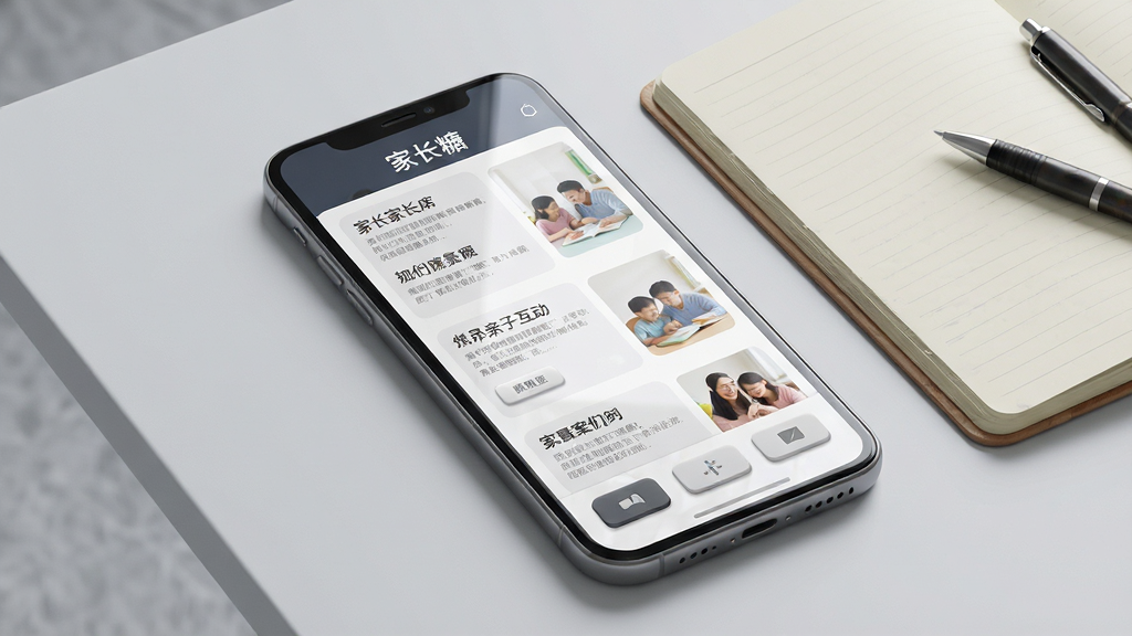 一张展示家长糖亲子互动案例库页面的手机截图风格图片,画面中手机屏幕显示案例列表,顶部有“家长糖”文字标识,列表项包含场景标题和缩略图,手机旁边放着一本打开的笔记本和一支笔,背景是淡灰色桌面,布局为居中展示,风格为写实产品渲染,细节包括屏幕反光、按钮的微立体效果、清晰的文字排版,画质锐利,画面整洁,无多余装饰