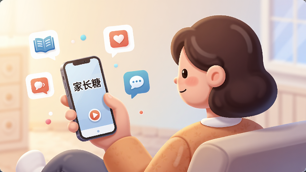 一幅AI生成的插画,画面主体是一位家长坐在沙发上用手机观看家长糖课程,手机屏幕中显示“家长糖”字样和播放按钮,周围漂浮着代表不同课程的小图标,如书本、爱心、对话气泡,布局采用三分法构图,风格为现代简约的矢量插画,细节包括柔和的渐变背景、圆润的人物造型、温暖的灯光氛围,画质高清,画面干净,无杂乱元素