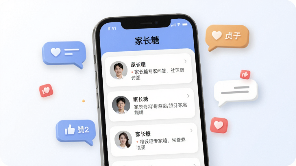一张展示家长糖专家问答与社区页面的图片,画面中手机屏幕显示问答列表和用户头像,顶部有“家长糖”文字,手机周围有对话气泡和点赞图标漂浮,布局为居中偏左,风格为现代社交应用界面风格,细节包括柔和的阴影、圆角头像、清晰的文字层级,画质干净,无多余元素