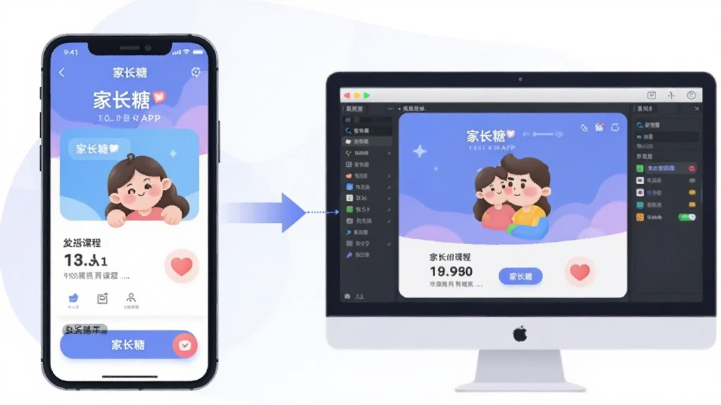 一幅AI生成的示意图,展示家长糖APP在手机和电脑模拟器上同时运行的场景,画面左侧是手机显示家长糖课程界面,右侧是电脑屏幕显示模拟器中的家长糖界面,中间有箭头连接表示数据同步,布局为左右对比构图,风格为科技感扁平插画,细节包括“家长糖”文字标识、柔和的蓝紫色调、清晰的设备轮廓,画质干净,无多余元素