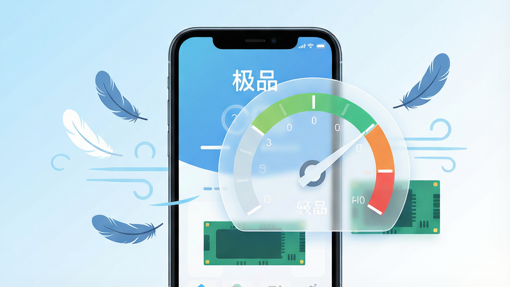 一张表现“极品”软件轻量运行特性的概念图,画面主体是一部手机与一个半透明速度仪表盘,手机屏幕显示“极品”应用运行界面,仪表盘指针指向轻快区域,背景为浅蓝到白色的渐变,布局采用居中构图,风格为科技感扁平插画,细节包含羽毛、气流线条和内存条图形,画质高清,干净,无多余元素