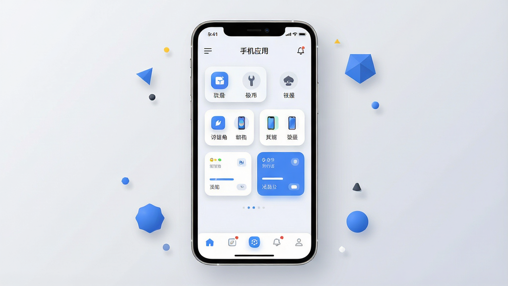 一张展示“极品”手机应用主界面的概念图,画面中央是一部现代智能手机,屏幕内显示简洁的工具类应用首页,包含功能图标、状态卡片和底部导航栏,界面以浅色背景搭配蓝色点缀,整体风格清爽干净,手机周围环绕少量几何装饰元素,背景为柔和渐变浅灰,排版居中对称,风格为现代扁平化UI展示图,细节包含图标阴影、圆角卡片和清晰文字标签,画质高清,干净,无多余元素
