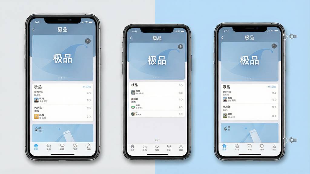 一张展示“极品”软件多设备适配特性的概念图,画面中包含三部不同尺寸的手机并排展示,每部手机屏幕都显示“极品”应用界面,界面布局随屏幕大小自适应变化,背景为浅灰与淡蓝拼接,布局为横向排列,风格为简洁产品展示图,细节包含设备边框、轻微阴影和界面元素缩放示意,画质高清,干净,无多余元素