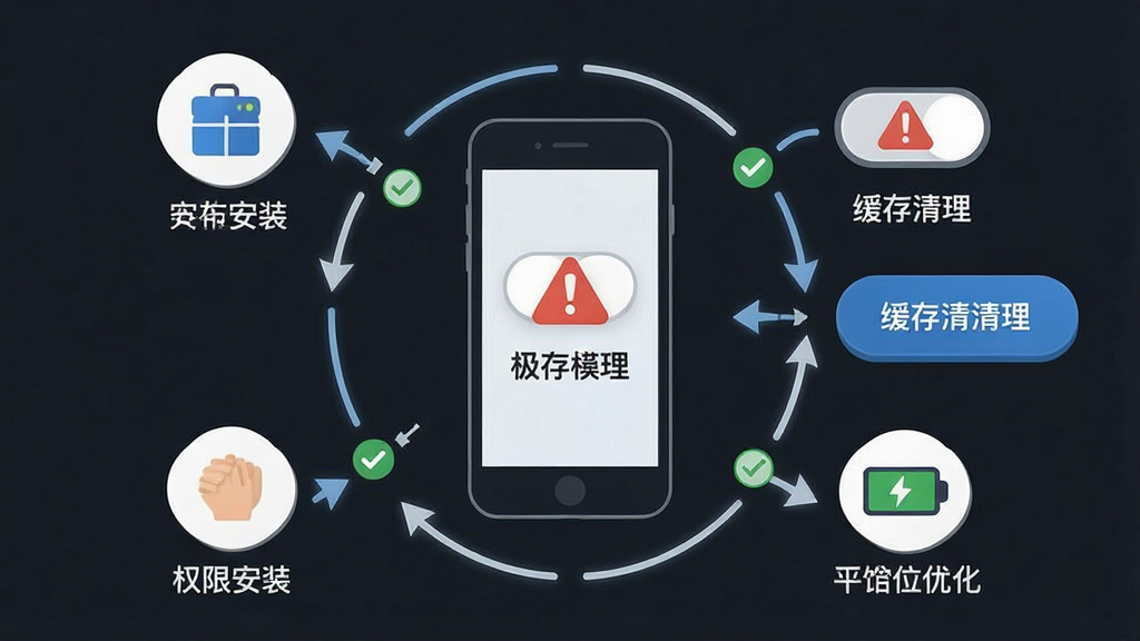 一张展示“极品”软件安装与使用流程的概念图,画面以手机为中心,周围环绕安装步骤图标、权限开关、缓存清理按钮和电池优化标识,布局采用环形围绕式,风格为扁平化信息图,细节包含箭头引导、打勾标记和警示图标,画质高清,干净,无多余元素