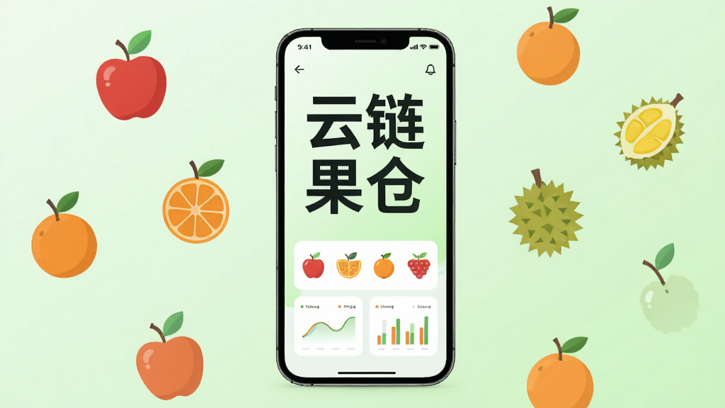 画面中央展示一部智能手机,手机屏幕内呈现“云链果仓”四个大字的APP界面,界面下方有水果图标与数据图表元素,背景为干净的浅绿色渐变,周围漂浮着苹果、橙子、榴莲等水果的扁平化图标,整体采用简洁现代的UI设计风格,细节清晰,画质高清,干净无多余元素