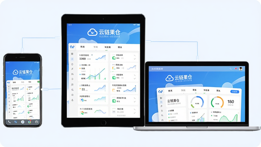 画面中同时出现手机、平板电脑和笔记本电脑三种设备,三块屏幕均显示“云链果仓”的界面且数据实时同步,设备之间用细线连接表示互联互通,背景为干净的浅蓝色,整体采用扁平化科技风格,画质高清,干净无多余元素