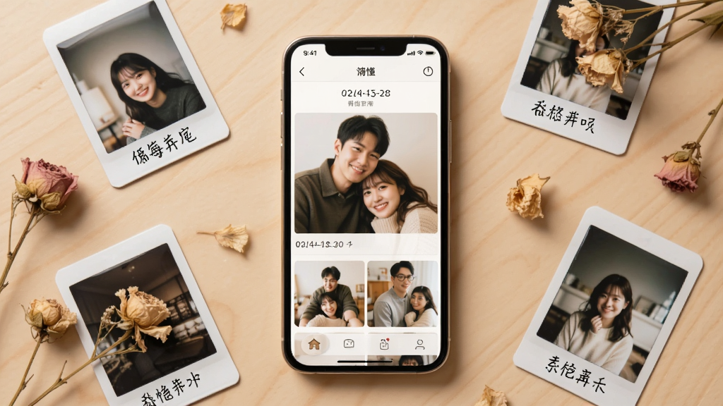 画面中央放置一部智能手机,屏幕显示温馨的情侣相册界面,界面中有两人合照与日期标记,手机周围散落拍立得照片与干花装饰,背景为浅米色木质桌面,整体布局居中对称,风格温暖治愈,细节包括照片圆角、柔和阴影、手写字体标签,画质高清,干净,无多余元素