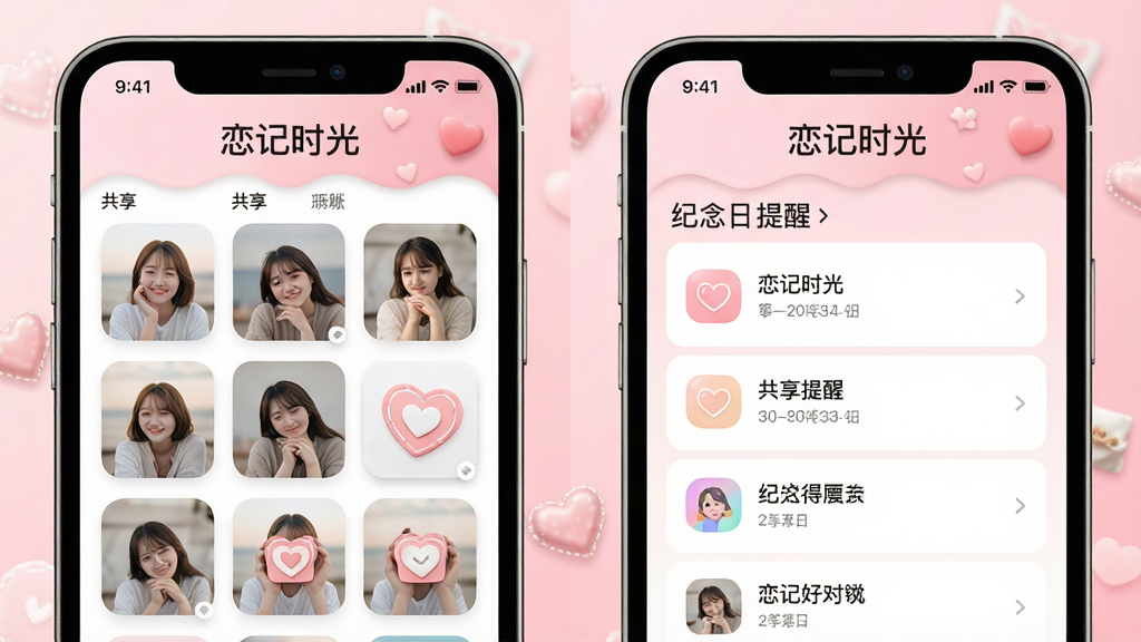 恋记时光软件界面展示,画面中并排展示两个手机屏幕,左侧为共享相册页面,右侧为纪念日提醒列表,屏幕上方有软件名称“恋记时光”字样,背景为淡粉色渐变,布局左右对称,风格清新甜美,细节包括圆润图标、柔和配色、清晰文字,画质高清,干净,无多余元素