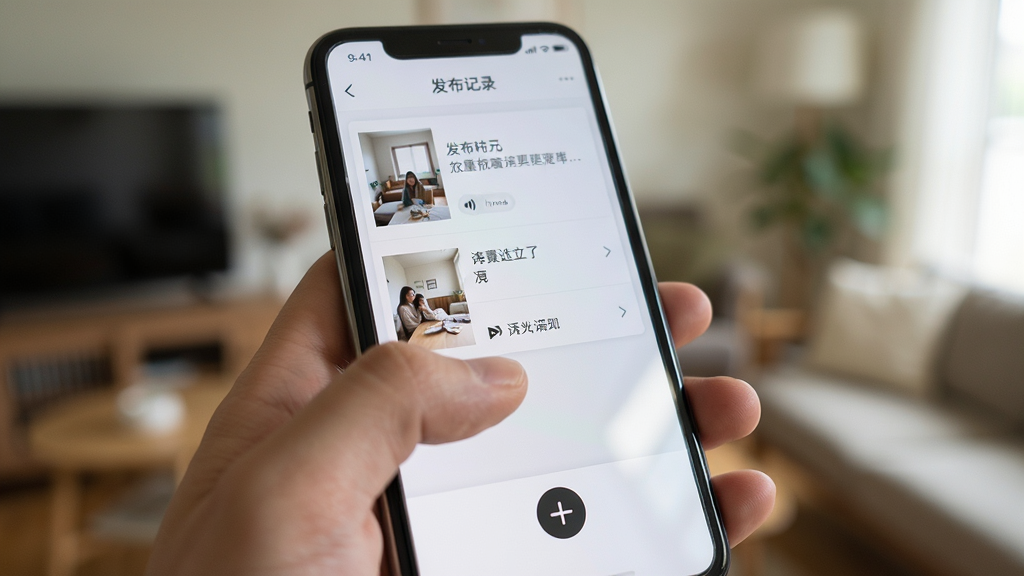 恋记时光操作界面示意图,画面展示一只手握住手机,拇指正点击屏幕上的加号按钮,屏幕显示发布记录页面,包含照片、文字、语音三个选项,背景为虚化的室内环境,布局突出手机屏幕内容,风格写实自然,细节包括手指动作、屏幕反光、柔和光线,画质高清,干净,无多余元素