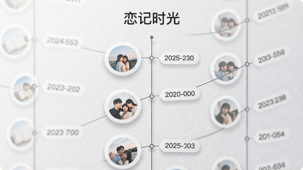恋记时光时光轴界面特写,画面展示一条纵向时间线,时间线上分布着多个圆形照片缩略图与日期标签,顶部有“恋记时光”文字标识,背景为浅灰色纹理,布局纵向延伸,风格简约现代,细节包括细线连接、柔和投影、清晰日期,画质高清,干净,无多余元素
