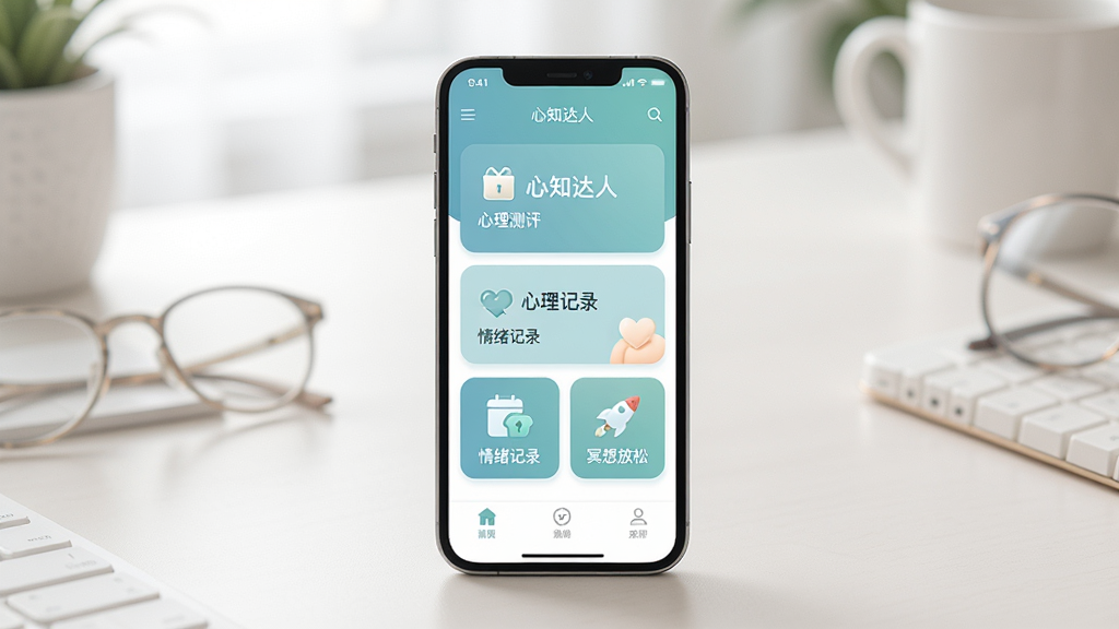 心知达人App主界面展示,画面中央放置一部智能手机,手机屏幕内显示心知达人应用首页,包含心理测评、情绪记录、冥想放松等功能模块入口,页面以柔和的蓝绿色调为主,背景为干净整洁的浅色桌面环境,光线柔和自然,整体风格清新简约,排版清晰有序,画质高清干净,无多余装饰元素