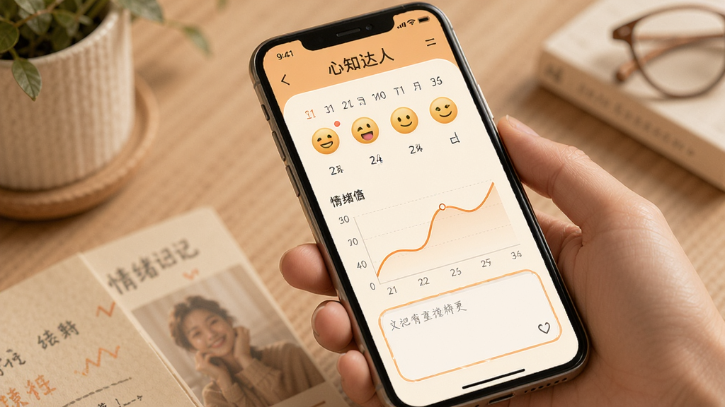心知达人情绪记录界面,手机屏幕展示情绪日记页面,包含日历视图、情绪表情图标、曲线走势图和文字输入框,界面配色柔和温暖,以浅橙色和米白色为主,布局清晰,风格温馨舒适,画质高清,干净无冗余