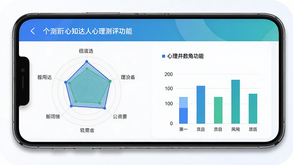 心知达人心理测评功能界面,手机屏幕展示测评报告页面,页面上有雷达图、柱状图等数据可视化图表,配色以蓝色和绿色为主,背景干净简洁,画面风格专业清新,文字标注清晰可辨,整体排版整齐,画质高清,无多余元素