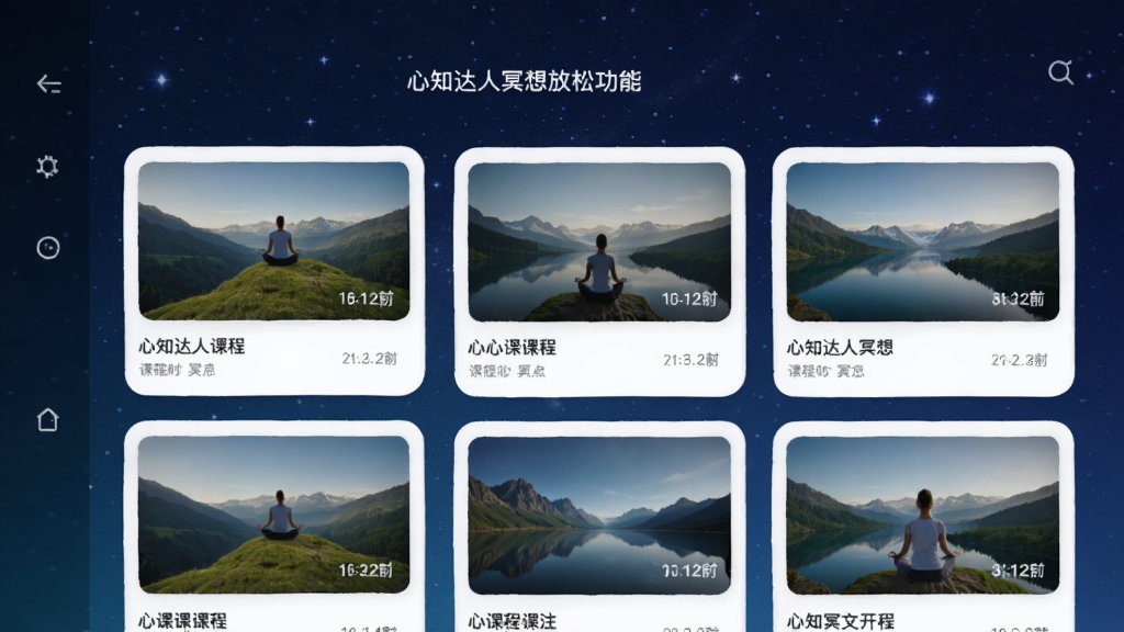 心知达人冥想放松功能界面,手机屏幕展示冥想课程列表页面,包含多个课程卡片,卡片上有自然风景缩略图和课程时长标注,背景为深蓝色星空渐变色调,界面风格宁静舒缓,排版美观,画质高清,无多余装饰