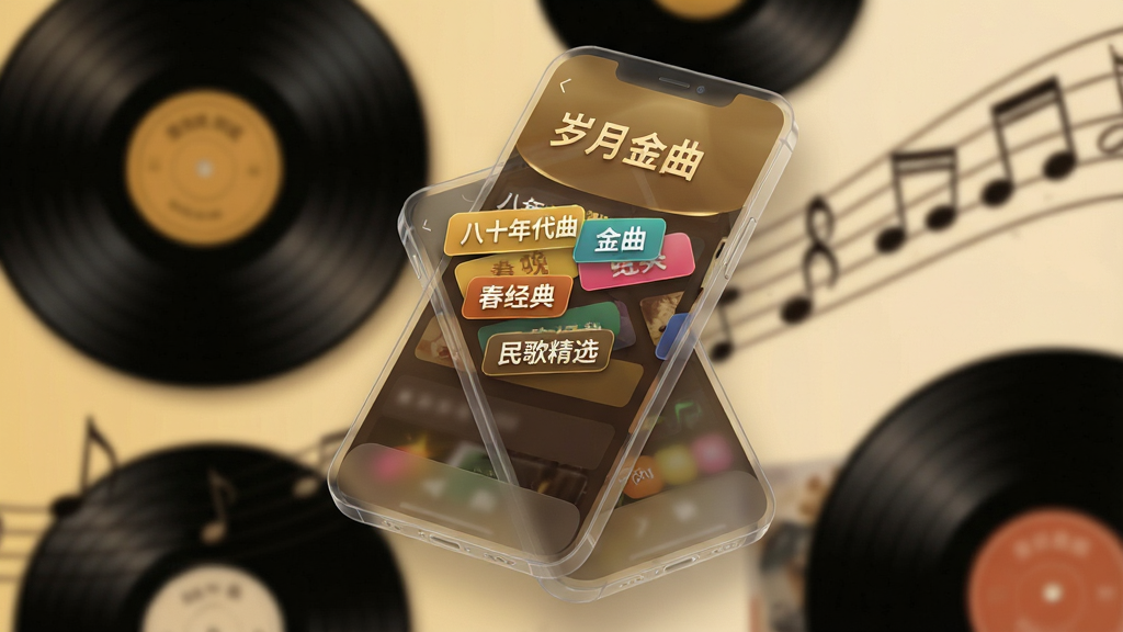 一张AI生成的音乐软件界面展示图,画面主体是一个悬浮在空中的半透明手机屏幕,屏幕内显示着“岁月金曲”APP的曲库分类页面,页面上有“八十年代金曲”、“春晚经典”、“民歌精选”等彩色标签,背景是虚化的黑胶唱片和音符图案,风格现代科技感与复古音乐元素结合,色彩以暖金和深棕为主,画质细腻,干净无杂物