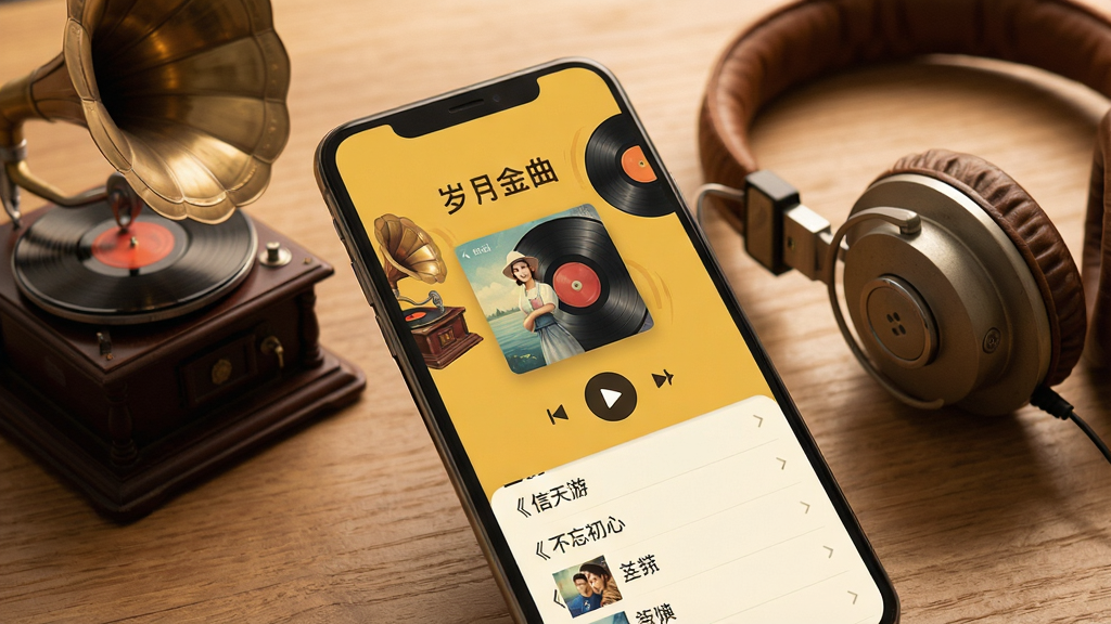 一张高清手机屏幕展示图,画面中央是一部现代智能手机,手机屏幕上显示着名为“岁月金曲”的音乐软件界面,界面背景是复古的暖黄色调,带有老式留声机和黑胶唱片的装饰元素,界面中央显示着歌曲封面和播放按钮,歌曲列表里隐约可见《信天游》《不忘初心》等字样,手机旁边放着一副复古耳机,背景是木质桌面,光线柔和温暖,整体风格怀旧且温馨,画质清晰,细节丰富,无多余杂乱元素