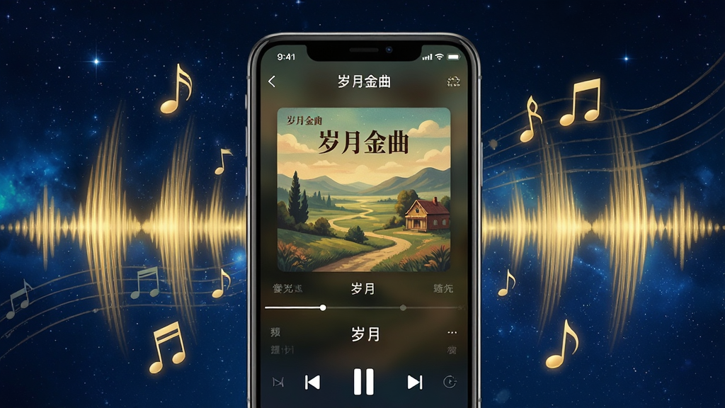 一张展现音乐播放细节的AI图片,画面中心是一个正在播放音乐的手机界面,屏幕显示着“岁月金曲”播放页,专辑封面是复古的风景画,下方有歌词滚动显示,标题含有“岁月”字样,手机周围环绕着金色的声波纹理和音符符号,背景是深蓝色的星空,风格梦幻且专注,画质高清,无多余元素
