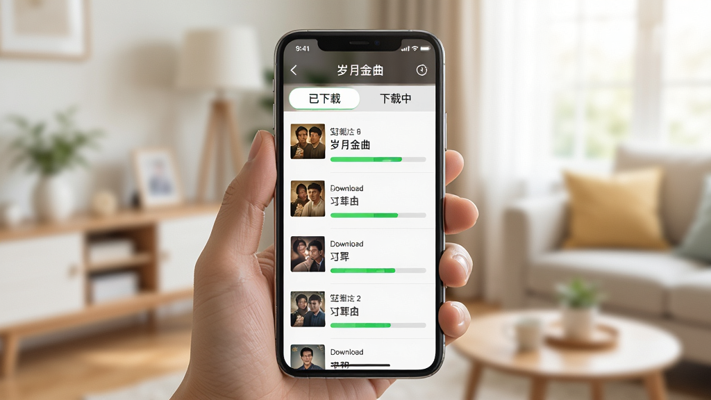一张AI生成的手机应用场景图,画面中一只手拿着手机,手机屏幕显示“岁月金曲”的下载管理界面,有多首歌曲正在下载中,进度条显示绿色,屏幕上方有“已下载”和“下载中”的标签页,背景是模糊的居家环境,光线明亮自然,风格生活化,画质清晰,干净整洁