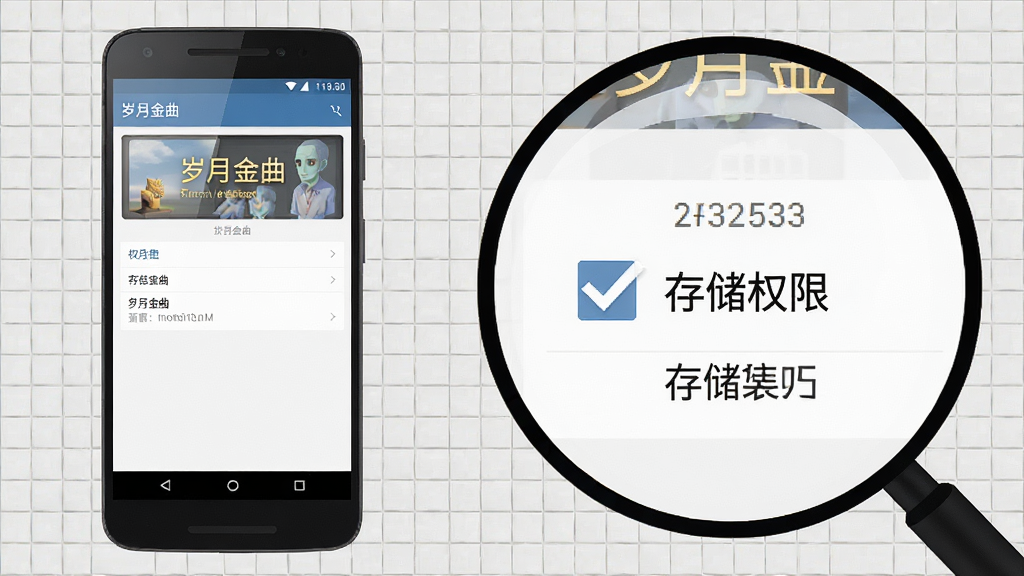 一张AI生成的教学示意图,画面左侧是一部安卓手机,屏幕显示“岁月金曲”的权限设置界面,右侧是勾选“存储权限”的放大示意图,背景是浅灰色的网格纹理,风格简洁明了,画质清晰,重点突出,无多余装饰