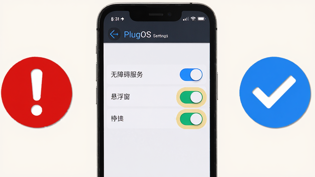 一部手机屏幕显示 PlugOS 的权限设置页面,页面上有多个开关按钮,其中“无障碍服务”和“悬浮窗”开关被高亮标注,手机旁边有一个红色感叹号图标和蓝色对勾图标,背景为浅色,整体布局清晰,风格简洁,画质高清,无多余元素