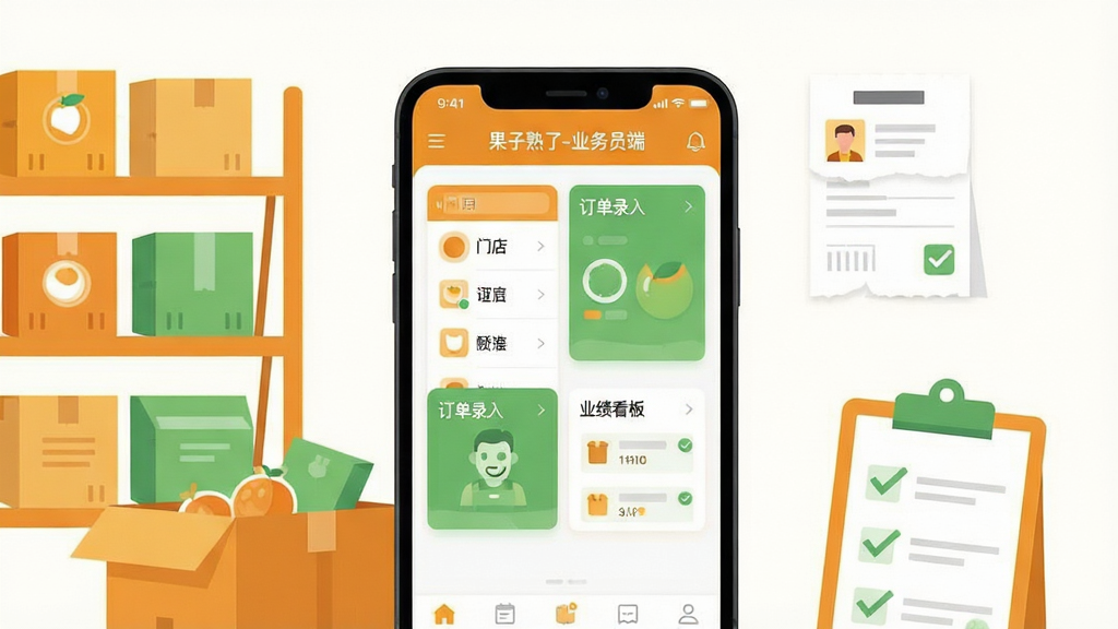 画面中央是一部智能手机,屏幕上清晰展示着“果子熟了-业务员端”的应用主界面,界面中包含门店列表、订单录入和业绩看板等模块。手机周围环绕着货架、商品箱、订单单据和带有对勾的检查表等元素,象征业务员日常工作的各个场景。整体采用扁平化插画风格,色彩以温暖的橙黄色和清新的绿色为主,背景干净简洁,画质清晰锐利,无多余杂乱元素。