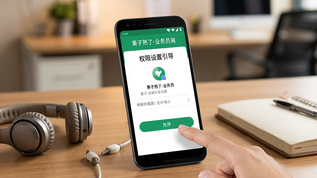 一部安卓手机放置在木质桌面上,屏幕显示“果子熟了-业务员端”的权限设置引导页面,画面中有手指点击“允许”按钮的特写动作。手机旁边放着一副耳机和一本笔记本,背景是虚化的办公室环境。风格写实商务,色调温暖,细节表现手机屏幕上的权限选项文字和图标,画质清晰,画面干净,无多余元素。