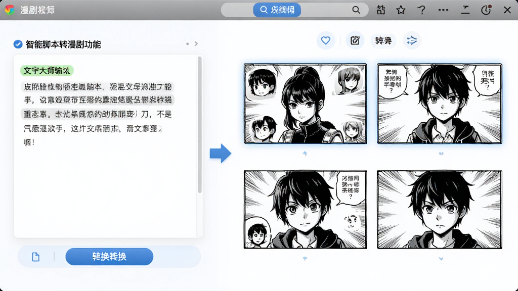 画面主体为漫剧大师软件中的智能脚本转漫剧功能界面,左侧是文字输入框,右侧自动生成四格漫画分镜,中间有箭头连接,整体采用简洁明亮的UI风格,布局为左右分栏、上下结构清晰,排版整齐,细节包括文字高亮、分镜边框、角色头像和转换按钮,画质高清,干净无多余元素。