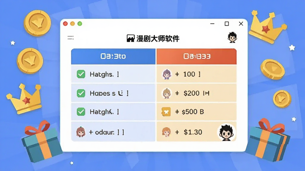 画面中央是漫剧大师软件界面,屏幕上显示免费与会员权益对比表格,周围环绕金币、皇冠和礼物盒图标,整体采用扁平插画风格,布局为居中展示、四周元素点缀,排版清晰,细节包括勾选标记、价格标签和角色小头像,画质干净,无多余元素。