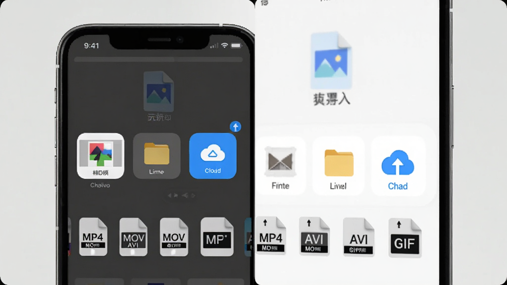 逐帧运动分析软件云端同步功能展示图,手机屏幕显示文件导入界面,有相册、文件、云端三个选项,下方有格式兼容图标MP4、MOV、AVI、GIF,风格简约现代,画质清晰无多余元素