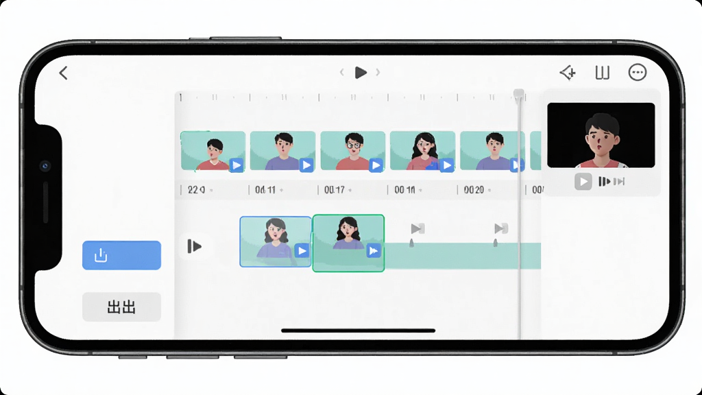 逐帧运动分析软件动画制作界面展示图,手机屏幕显示逐帧动画时间轴,多个帧缩略图按顺序排列,用户正在拖动帧调整播放顺序,界面有导出按钮和播放预览窗口,风格清新简洁,画质干净无多余元素