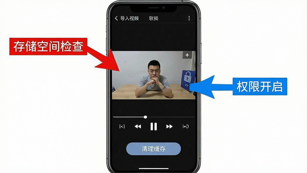 逐帧运动分析软件新手操作示意图,手机屏幕显示导入视频后的逐帧播放界面,有红色箭头标注“存储空间检查”和蓝色箭头标注“权限开启”,下方有清理缓存按钮,风格教程指引清晰,画质干净无多余元素