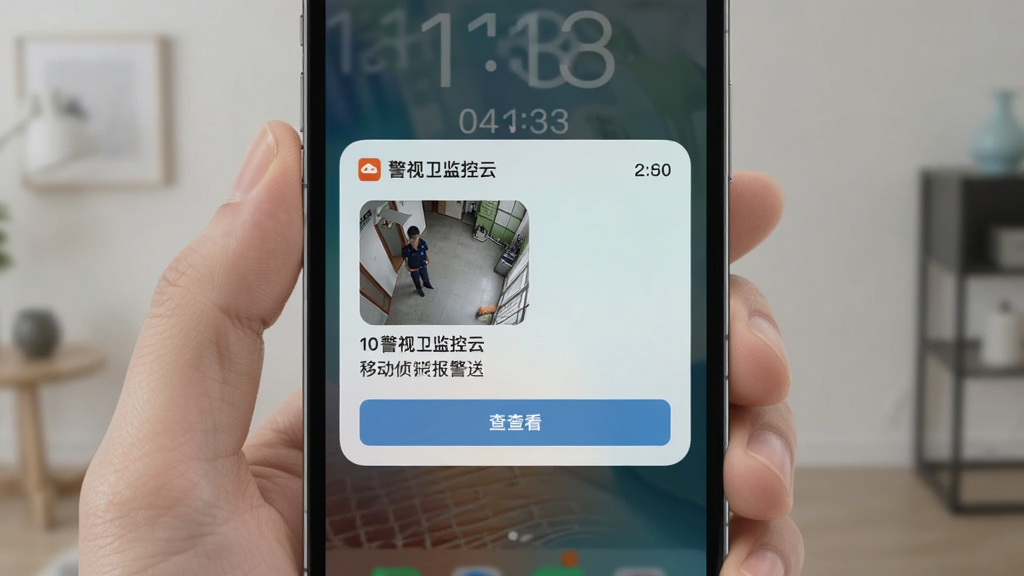 警视卫监控云移动侦测报警推送示意,主体为手机锁屏界面弹出报警通知卡片,布局为手机竖屏居中,通知卡片内包含抓拍缩略图与文字描述,排版简洁,风格为清新扁平化写实风,细节包含通知时间、设备名称与查看按钮,画质清晰,干净,无多余元素,通知文字中可包含