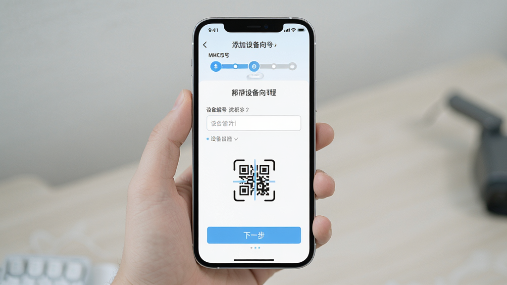 警视卫监控云新手安装设置流程示意图,主体为手机屏幕显示添加设备向导页面,布局为手机竖屏居中,页面内包含步骤条、输入框与扫描按钮,排版从上到下依次排列,风格为清新浅色写实风,细节包含设备编号输入提示、二维码扫描图标与下一步按钮,画质清晰,干净,无多余元素