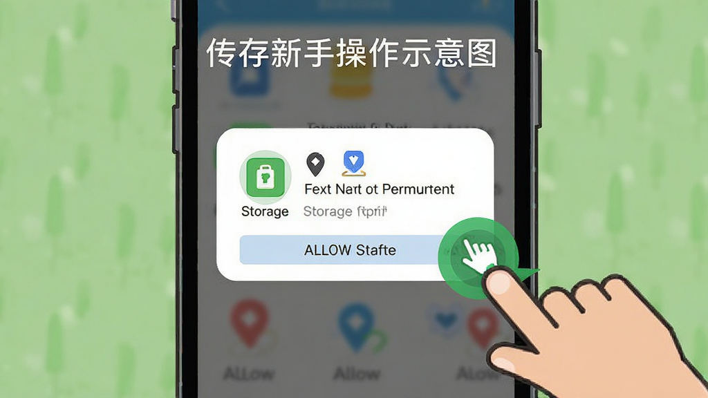 传存新手操作示意图,画面展示手机屏幕弹出权限请求对话框,旁边有手指点击允许的动画,布局居中,排版直观,风格卡通扁平,细节包含存储权限图标、位置权限图标,画质清晰,干净,无多余元素