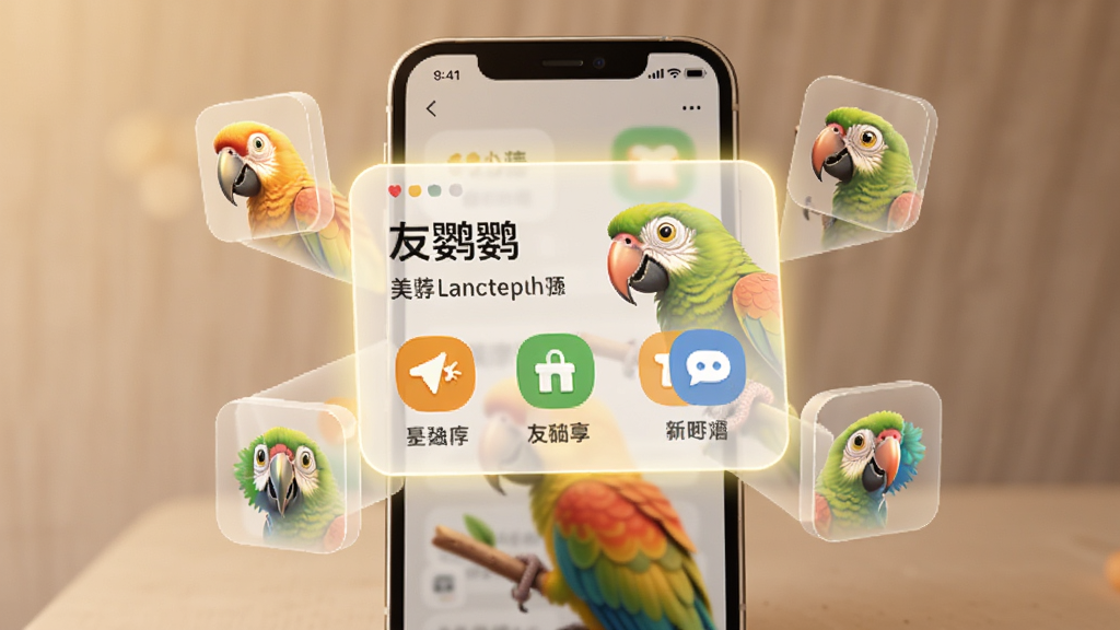 一幅AI生图,画面主体是一个发光的智能推荐卡片悬浮在手机屏幕上方,卡片上有美鹦鹉字样和兴趣图标,布局为手机居中、卡片环绕四周,排版错落有致,风格科技感与温馨感结合,细节包括柔光效果和图标微投影,画质高清,画面干净,无多余元素