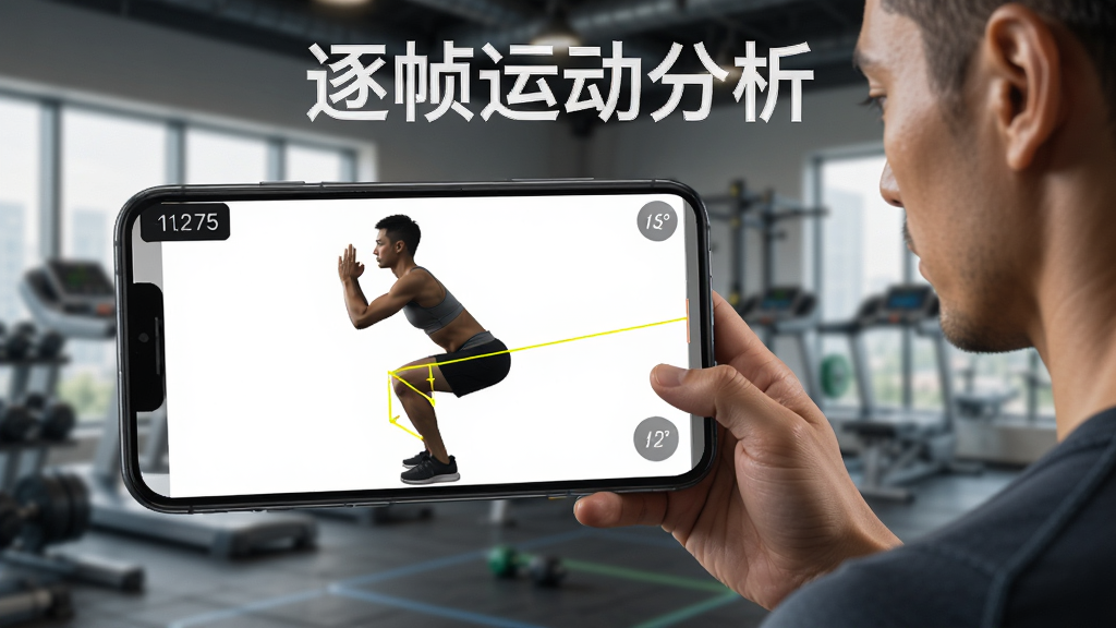 一张展示逐帧运动分析软件角度测量功能的图片,画面中一位健身教练正在使用安卓手机分析深蹲动作,手机屏幕上显示着人物侧面动作帧,画面上有两条黄色参考线测量膝盖角度,屏幕角落显示角度数值,背景为健身房环境,整体风格专业运动感,画质高清,干净无多余元素,图片中带有文字