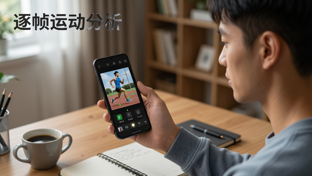一张展示逐帧运动分析软件使用场景的图片,画面中一位年轻教练坐在书桌前,手持安卓手机正在逐帧查看运动员的跑步视频,手机屏幕上显示着单帧画面和标记工具,桌面上有一杯咖啡和笔记本,背景是温馨的室内环境,整体风格生活化实用感,画质高清,干净无多余元素,图片中带有文字