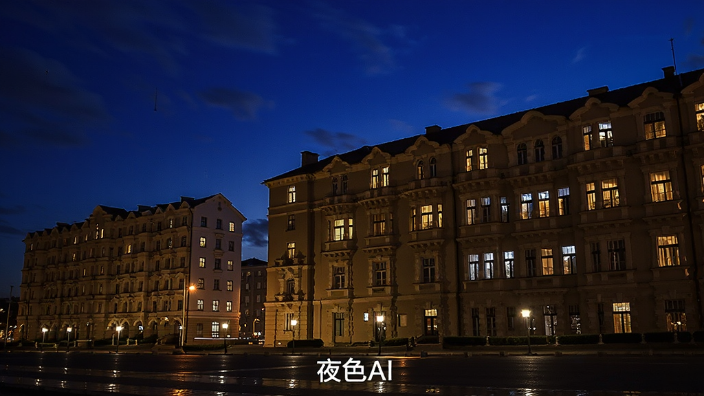 夜色Al色彩增强效果图,主体为一张包含城市建筑与夜空的长曝光照片,布局为全屏展示,排版中央底部显示夜色Al水印,风格为浓郁夜景摄影风格,细节包括建筑窗户暖光、天空深蓝色渐变、地面反射光,画质高清,干净,无多余元素
