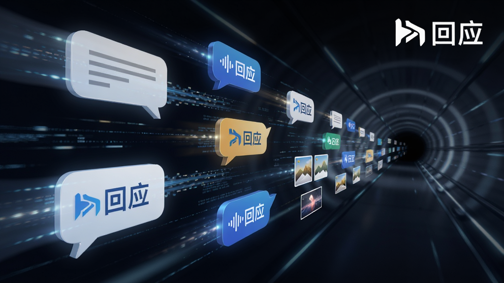 主体是一个抽象的数据传输隧道,隧道中飞驰着带有“回应”Logo的各种消息气泡,如文字气泡、语音波形图标、图片缩略图。布局为透视纵深感,隧道向画面深处延伸。排版将“回应”Logo置于画面右上角。风格为未来科技感,细节包括光速拖尾、数据流光效。画质为8K超高清,画面干净,无多余元素。