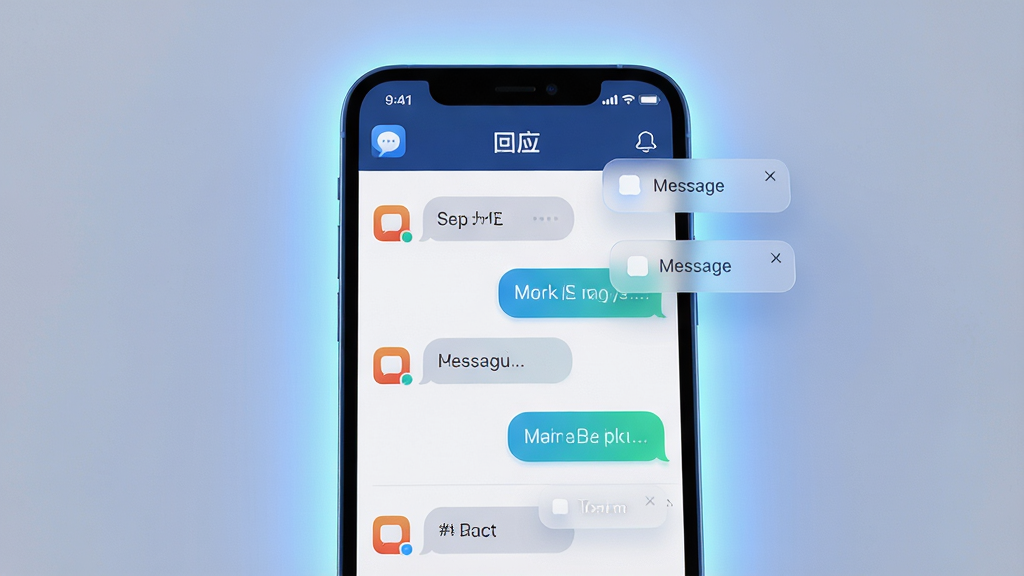 主体是一个现代简约风格的智能手机界面,屏幕中央显示着“回应”应用的主聊天列表,布局为典型的即时通讯软件界面,顶部有应用名称“回应”。排版采用居中构图,手机两侧有柔和的蓝色光晕环绕。风格为3D渲染科技感,细节包括清晰的图标、流畅的聊天气泡、以及悬浮在空中的消息通知气泡。画质为4K超高清,画面干净,无多余元素。