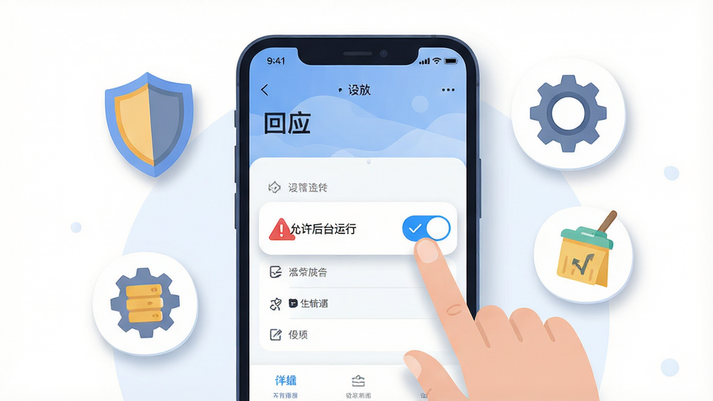 主体是一个手机屏幕特写,屏幕上显示“回应”应用的设置界面,一只手正在点击“允许后台运行”的开关,旁边有一个红色的警告图标和蓝色的对勾图标。布局为手机居中,周围漂浮着盾牌、齿轮、缓存清理图标。风格为扁平化插画风格,细节包括清晰的UI元素、柔和的阴影。画质为4K超高清,画面干净,无多余元素。