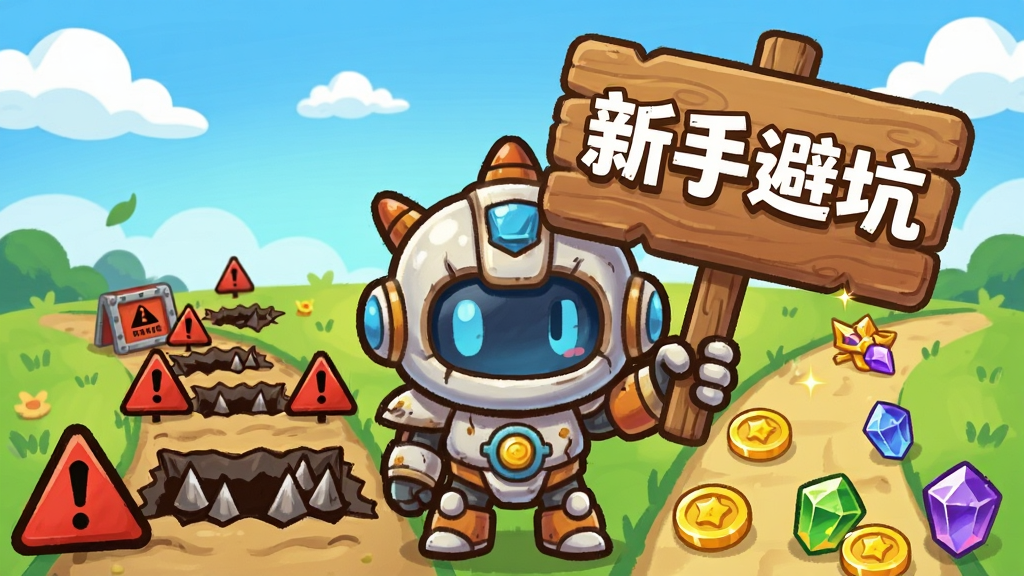 画面是一个Q版机甲举着写有“新手避坑”的指示牌,站在分岔路口,左侧道路布满红色警示标志与陷阱,右侧道路平坦且有金币与经验宝石,背景是蓝天白云与卡通草地,布局为左右对比构图,风格为明快卡通插画,细节上指示牌有木纹质感,陷阱有尖刺,画质清晰,干净,无多余元素,图中文字标注“口袋机甲”