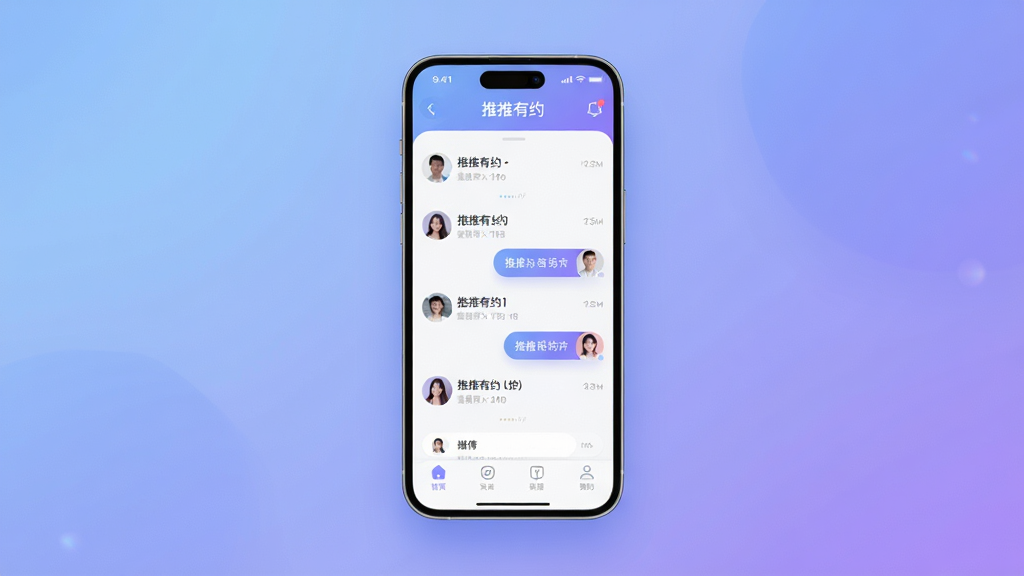 一款名为“推推有约”的社交APP界面展示,主体为手机屏幕悬浮在画面中央,屏幕内显示聊天列表与用户头像卡片,布局采用居中对称排版,风格为现代简约科技风,细节包含柔和的蓝紫渐变背景、圆润的图标与干净的文字标签,画质高清,画面干净,无多余元素