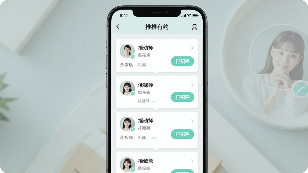 画面中央是“推推有约”APP的智能推荐页面,主体为手机屏幕显示多个用户卡片呈瀑布流排列,布局采用上下滚动式排版,风格为清新浅色系,细节包含卡片上的头像、昵称、距离标签以及“打招呼”按钮,画质高清,干净,无多余元素