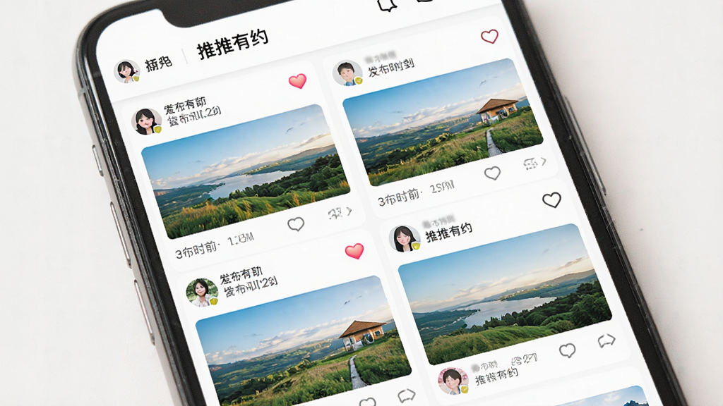 画面展示“推推有约”动态广场页面,主体为手机屏幕显示瀑布流图文动态,布局为两列网格排版,风格为明快生活风,细节包含用户头像、发布时间、点赞爱心图标、评论气泡以及风景照片缩略图,画质高清,干净,无多余元素
