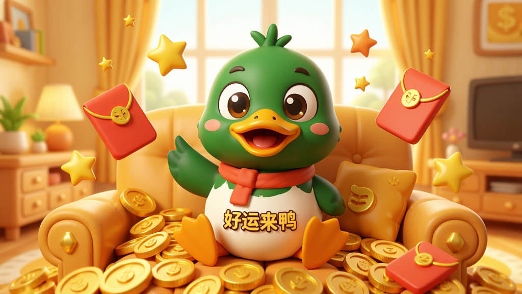 一只可爱的卡通鸭子坐在堆满金币的沙发上,周围漂浮着红包和星星,背景是明亮温暖的客厅,卡通3D风格,主体突出,布局居中,排版简洁,风格活泼欢快,细节丰富,画质清晰,干净,无多余元素,画面中带有“好运来鸭”文字