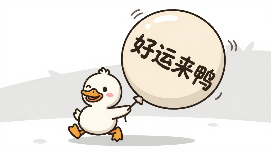 一只卡通鸭子轻松地推着一个大大的轻气球,气球上写着“好运来鸭”,背景是简洁的白色和浅灰色,卡通简约风格,主体突出,布局居中,排版清爽,细节干净,画质清晰,无多余元素