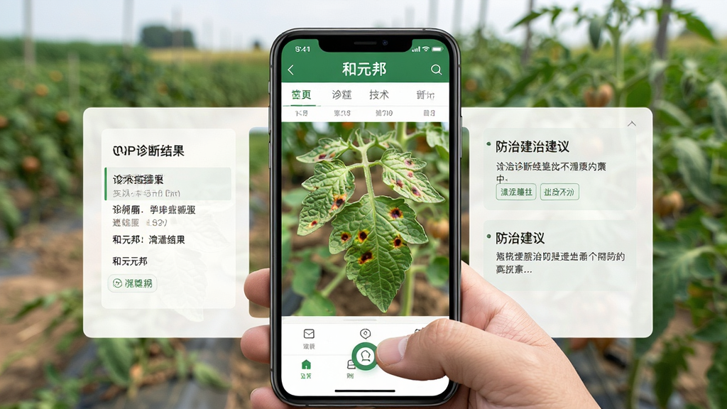 画面主体为“和元邦”APP的技术指导页面,屏幕上显示着一株带有病斑的番茄叶片照片,旁边有诊断结果和防治建议的文字框。背景为田间地头实景虚化,前景有一只手拿着手机正在拍摄叶片。布局采用第一人称视角,手机屏幕占据画面中心。风格为写实农业科技风。细节上叶片纹理清晰,界面文字工整。画质为高清,干净,无多余元素。